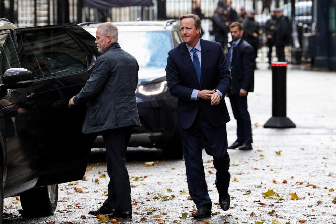 Former British Prime Minister David Cameron outside 10 Downing Street, London, November 13, 2023. 