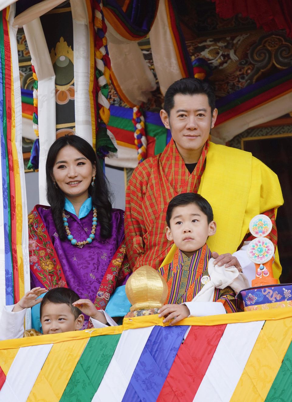 Queen Jetsun and King Jigme of Bhutan with two of their three children Prince Ugyen and heir to the throne Prince Jigme