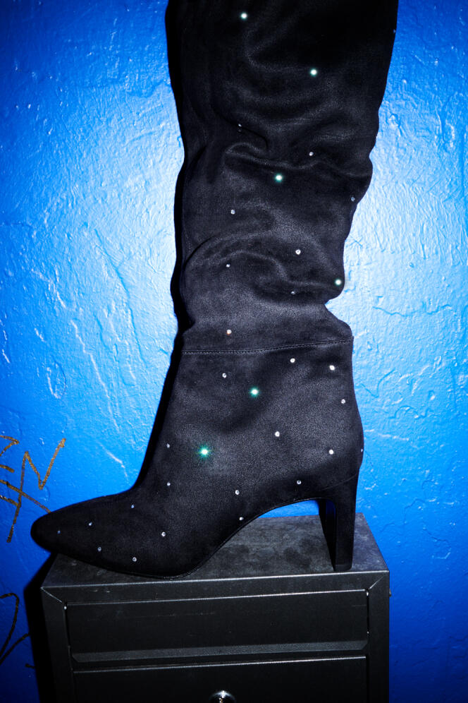 Rhinestone thigh-high boots in polyester and elastane, Claudie Pierlot, €545.  claudiepierlot.com