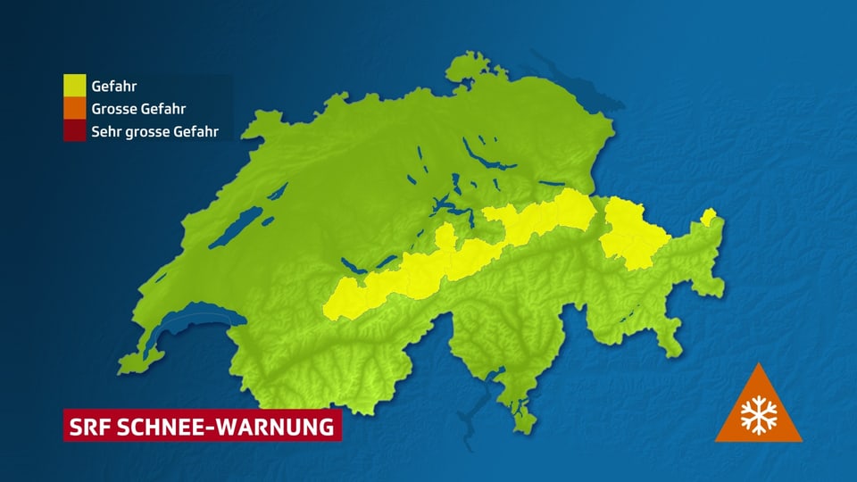A map showing a snow warning.  It applies along the Alps between Prättigau and the Bernese Oberland.