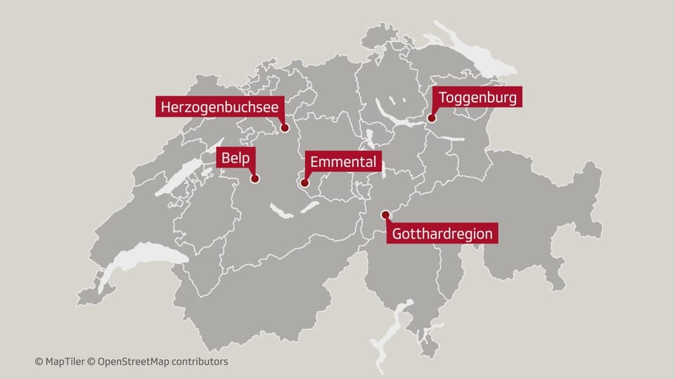 A map with the areas of Herzogenbuchsee, Belp, Emmental, Gotthard region and Toggenburg.