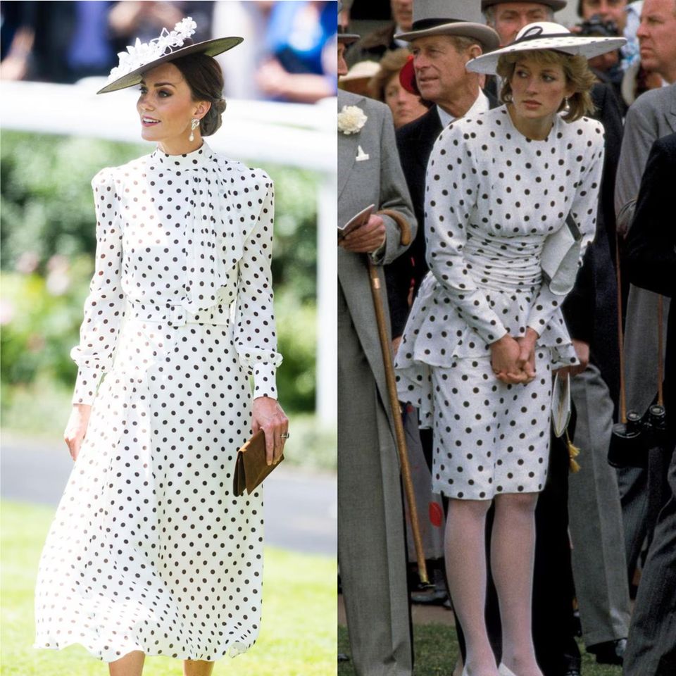 During her visit to Ascot, Catherine, Princess of Wales, appears in a brown and white polka dot midi dress by Alexandra Rich.  Princess Diana (†) wore a very similar style in 1988 - also to the famous horse race in Ascot, Great Britain.