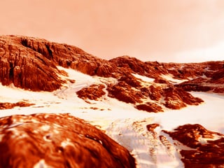On parts of Mars, temperatures reach well below zero degrees.  There is ice and frozen carbon dioxide there.  The surface of Mars is a rocky desert landscape that appears brownish, pink and orange because of the dust particles and iron oxide in the atmosphere.