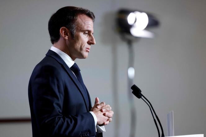 Emmanuel Macron during a press conference for a European Union summit, in Brussels, October 27, 2023.