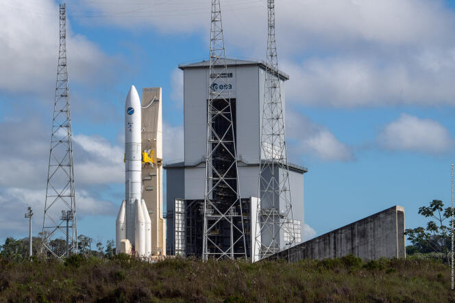 The European Ariane-6 rocket on its launch pad, in the European spaceport of Kourou, June 22, 2023.