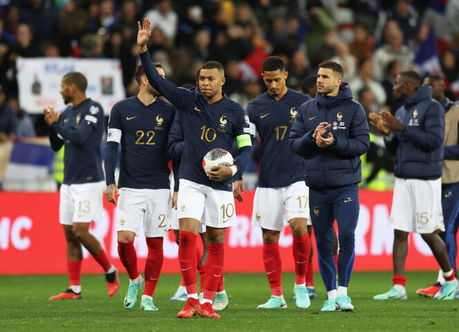 Players of the France team following the Euro 2024 qualifying match against Gibraltar, at the Allianz Riviera, in Nice, November 18, 2023.