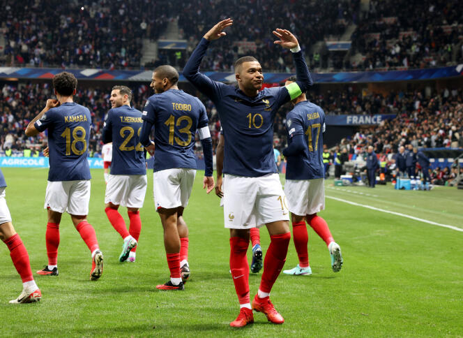 The joy of Kylian Mbappé during the victory of the French football team against Gibraltar, November 18, 2023 in Nice.