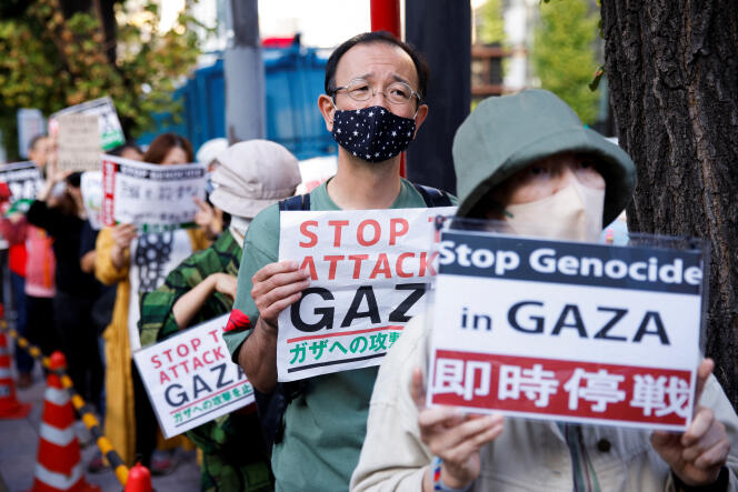 Protest in support of Palestinians in Gaza on the first day of the G7 foreign ministers meeting, in Tokyo, Japan, November 7, 2023.