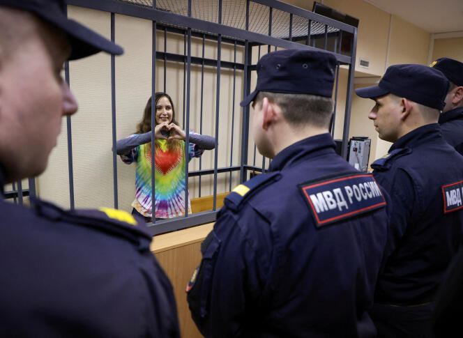 Alexandra Skochilenko, a 33-year-old artist and musician, accused of spreading false information after replacing supermarket price labels with slogans protesting the Russian military operation in Ukraine, at the court in St. Petersburg, Russia, on November 16, 2023.  