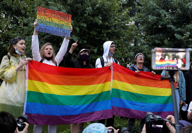 LGBT+ activists demonstrate against amendments to the Russian Constitution, in Moscow, July 15, 2020. 