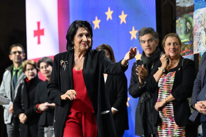 Georgian President Salomé Zourabichvili during a rally after Brussels' decision to grant her country EU candidate status, in Tbilisi, November 8, 2023.