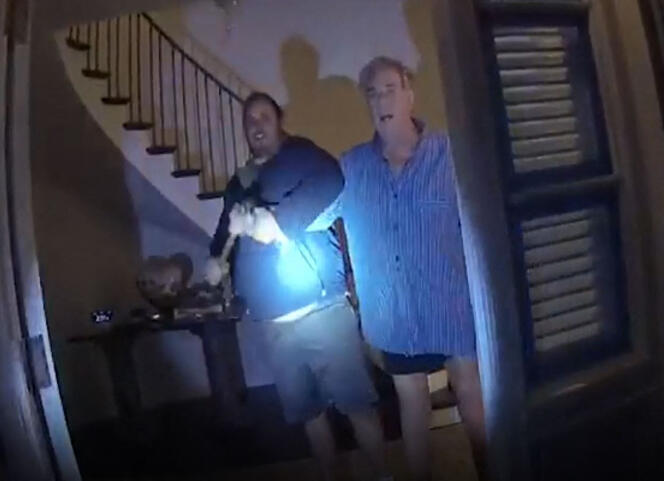 This screenshot from a San Francisco police video shows David DePape (left) assaulting Paul Pelosi, the husband of former House Speaker Nancy Pelosi, at their San Francisco home on October 28, 2022.