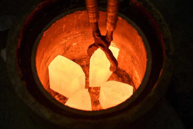 Palladium ingots are heated in a crucible before mechanical processing at the Krastsvetmet factory in Krasnoyarsk, Russia, January 31, 2023.