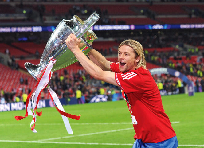 Then a player at Bayern Munich, Anatoliy Tymoshchuk celebrated his team's victory in the Champions League final in London on May 25, 2013.