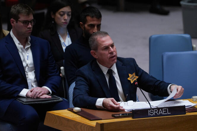 Israel's Ambassador to the United Nations, Gilad Erdan, during a UN Security Council meeting on the conflict between Israel and Hamas, in New York, November 10, 2023