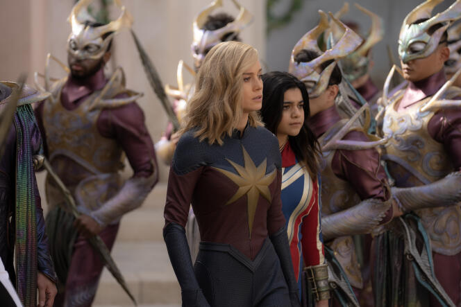Captain Marvel, aka Carol Danvers (Brie Larson) and Ms. Marvel, aka Kamala Khan (Iman Vellani) in “The Marvels,” by Nia DaCosta.