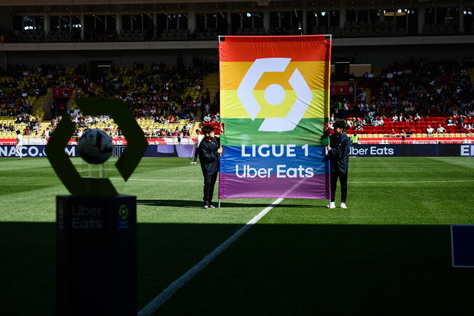 The Professional Football League (LFP) lodge in LGBT colors before a match between AS Monaco and Lille Olympique Sporting Club (LOSC), on May 14 in Monaco.