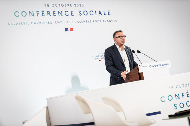 The president of the CFTC, Cyril Chabanier, speaks from the podium, during a social conference bringing together representatives of unions and employers, at the Economic, Social and Environmental Council, in Paris, October 16, 2023.