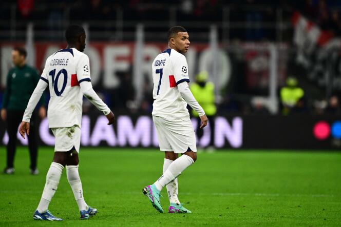 Ousmane Dembélé and Kylian Mbappé during the Champions League match lost by Paris Saint-Germain at the San Siro stadium of AC Milan, November 7, 2023.