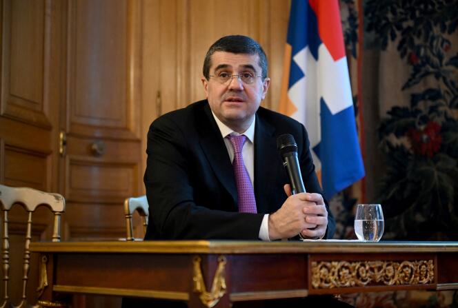 Former President of Nagorno-Karabakh, Arayik Haroutiounian, during a press conference in Paris, December 7, 2022. 