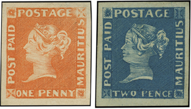 An orange-red “One Penny” and a blue “Post Office” “Two Pence” from Mauritius (1847), a global rarity in philately sold for 300,000 euros during a sale at Behr, in Paris, in June 2023.