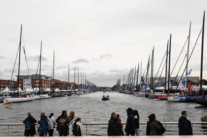 The Imcoca monohulls and the Class 40 monohulls moored at the Transat Jacques-Vabre village, in Le Havre (Seine-Maritime), October 28, 2023.