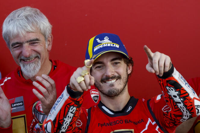 Francesco Bagnaia celebrates his victory and his world champion title, following the Valencia Motorcycle Grand Prix, Spain, Sunday November 26, 2023.