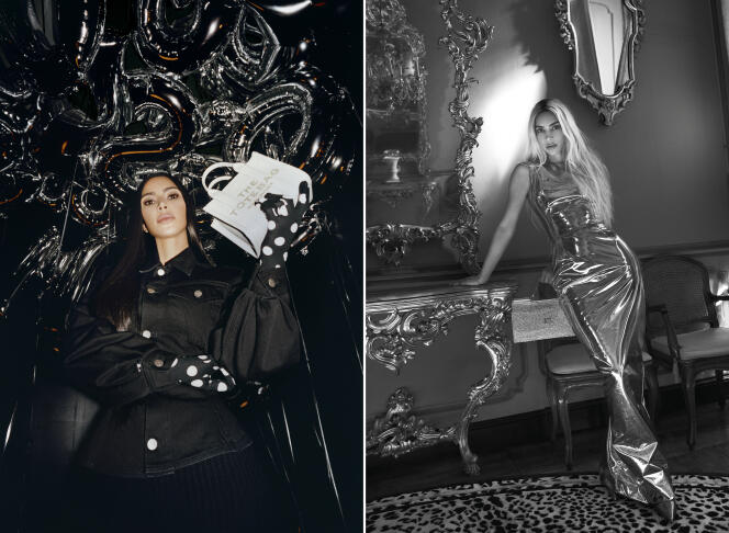 On the left, Kim Kardashian in the Marc Jacobs fall 2023 campaign and, on the right, posing for the Dolce & Gabbana spring-summer 2023 campaign.