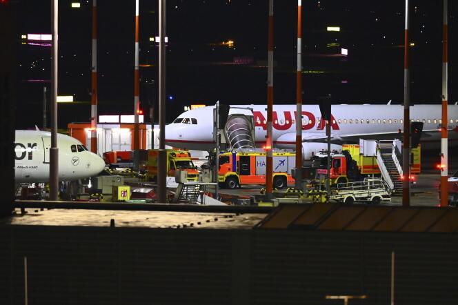 Emergency vehicles on the tarmac at Hamburg Airport, Germany, on the evening of November 4, 2023.