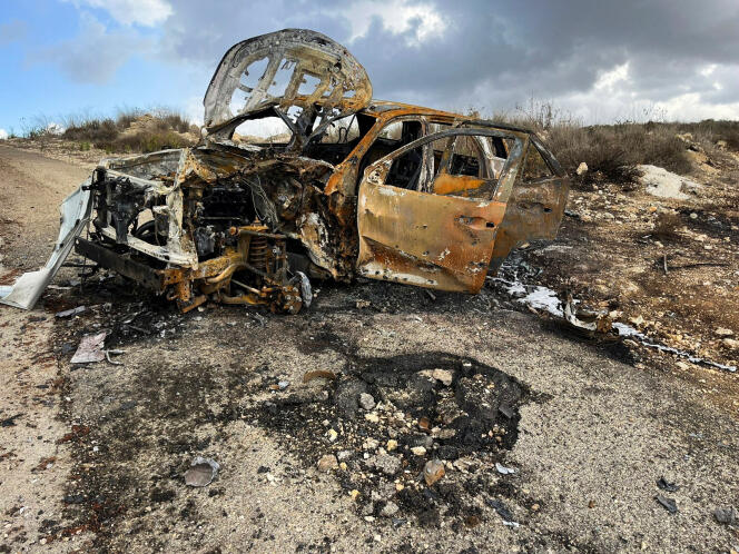 The burned car of Al-Jazeera, October 15, 2023, near the village of Alma Al-Chaab, Lebanon.
