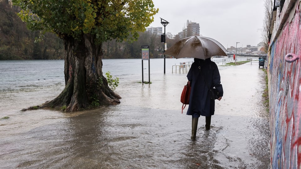A woman walks with an umbrella and rubber boots on the banks of the Rhone.
