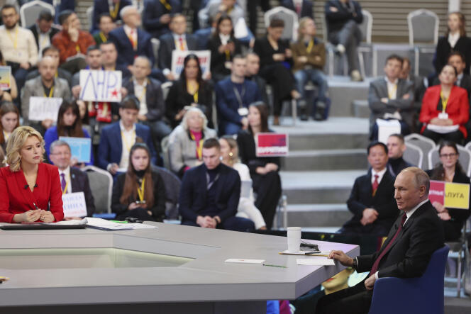 Vladimir Putin speaks during his annual press conference in Moscow, December 14, 2023. 