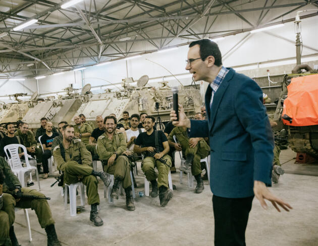 Comedian Ori Broyer performing stand-up for the reservists of the Yasham 179 battalion at the Israeli military base of Nahshonim, on the dividing line between Israel and the West Bank, November 9, 2023.