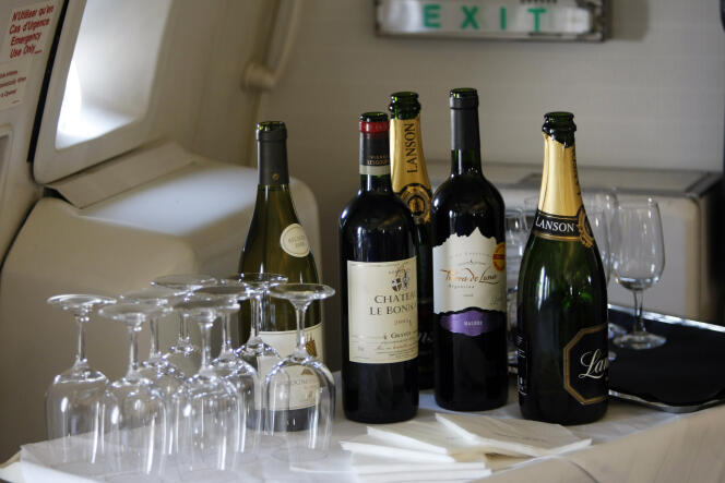Bottles of wine aboard a plane at Washington-Dulles Airport, Virginia, in March 2010.
