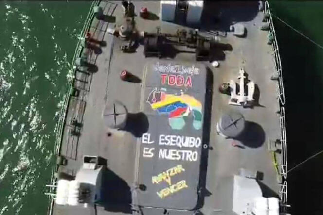 This image released by the Venezuelan armed forces on December 29, 2023 shows a Venezuelan frigate with the inscription “The Essequibo is ours”.