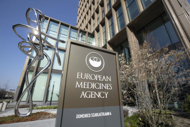 In front of the headquarters of the European Medicines Agency, in Amsterdam, the Netherlands, April 20, 2021.
