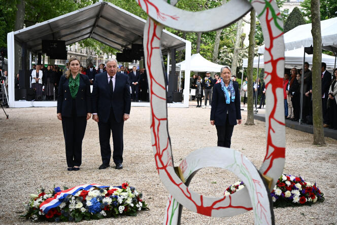 The President of the National Assembly Yael Braun-Pivet, the President of the Senate Gérard Larcher and Prime Minister Elisabeth Borne (from left to right), during a ceremony to mark the abolition of slavery and pay tribute to the victims of the slave trade, in the Luxembourg Gardens, in Paris, May 10, 2023.