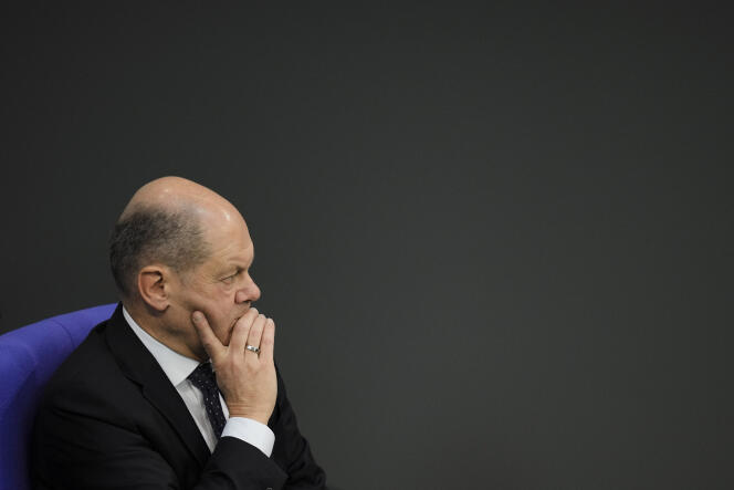 German Chancellor Olaf Scholz in the Bundestag during a budget debate in Berlin, November 28, 2023.