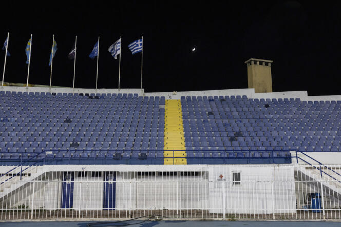 View of empty seats during a Greek Super League soccer match between Atromitos and Panathinaikos, at Peristeri Stadium, Athens, Sunday, December 17, 2023.