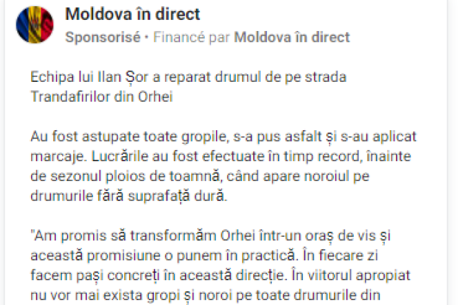 Screenshot of a sponsored post on the “Moldova Live” page, identified by the NGO Reset.