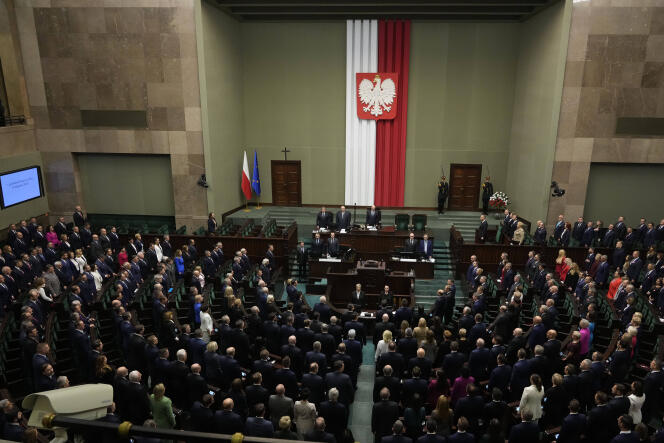 Newly elected members of the Polish Parliament attend the first session of the lower house, in Warsaw, Poland, November 13, 2023.
