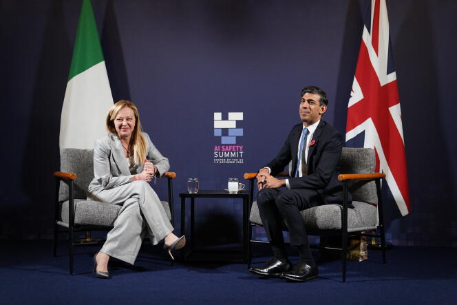 Italian Prime Minister Giorgia Meloni meets British Prime Minister Rishi Sunak, in Bletchley (United Kingdom), November 2, 2023.