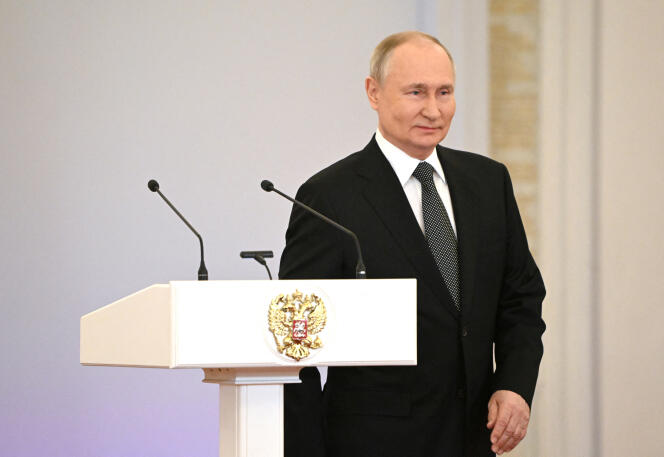 Russian President Vladimir Putin, in the St. George Hall of the Kremlin in Moscow, December 8, 2023.