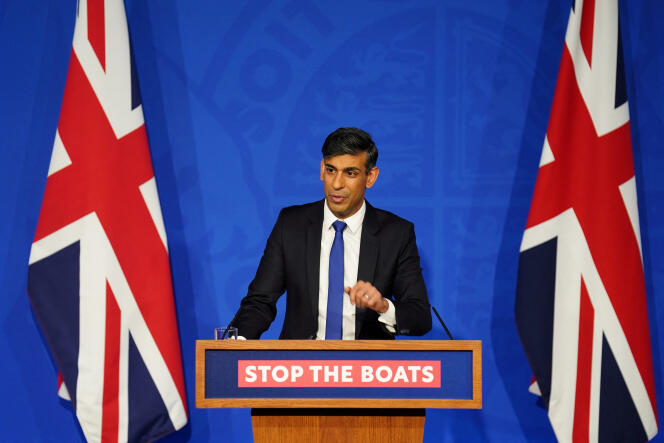 British Prime Minister Rishi Sunak during a press conference at Downing Street regarding the plan to 'stop the boats' and illegal immigration to Britain, December 7, 2023.