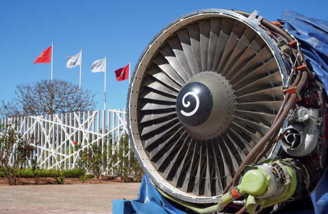 An aircraft engine at the Institute of Aeronautical Professions in Casablanca (Morocco), February 23, 2021.