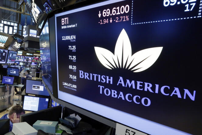 The British American Tobacco logo on the floor of the New York Stock Exchange, July 24, 2017.