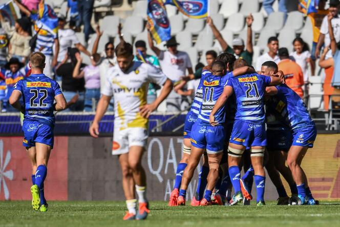 Stormers players celebrate their victory during the Rugby Champions Cup match at the DHL Stadium in Cape Town, South Africa on December 16, 2023. 