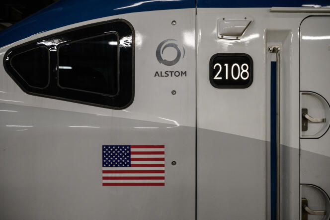 Detail of an Avelia Liberty high-speed train built for the American railway operator Amtrak by the French manufacturer Alstom, during a media preview at the William H. Gray III 30th Street station in Philadelphia, May 23, 2022.