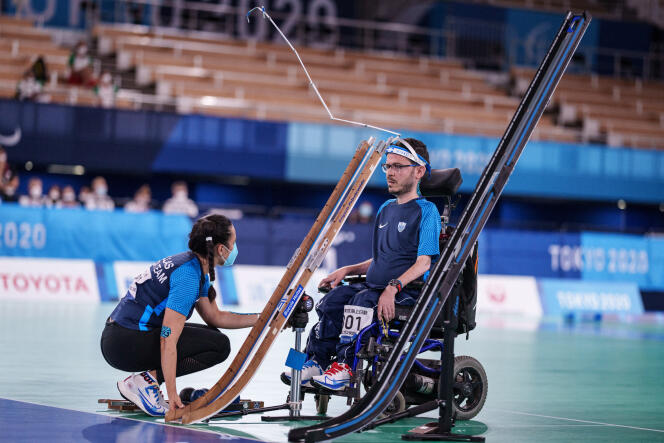 Greek Grigorios Polychronidis (right) and his assistant, Aikaterini Patroni, during the individual boccia competition in Tokyo, September 1, 2021.