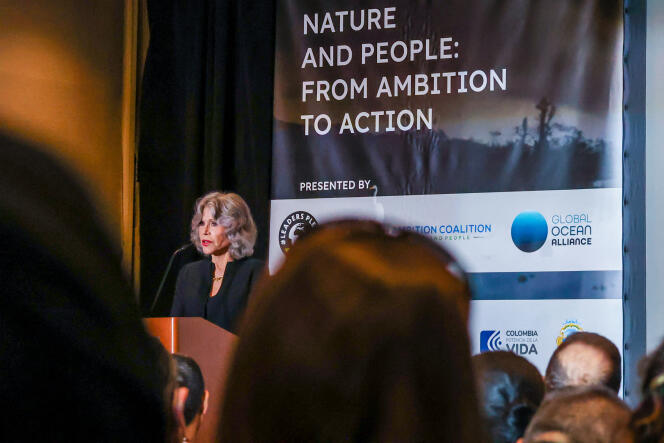 American actress Jane Fonda speaks at a WWF event, “Nature and People: Ambition for Action,” on the sidelines of the 78th UN General Assembly, in New York, September 19, 2023.